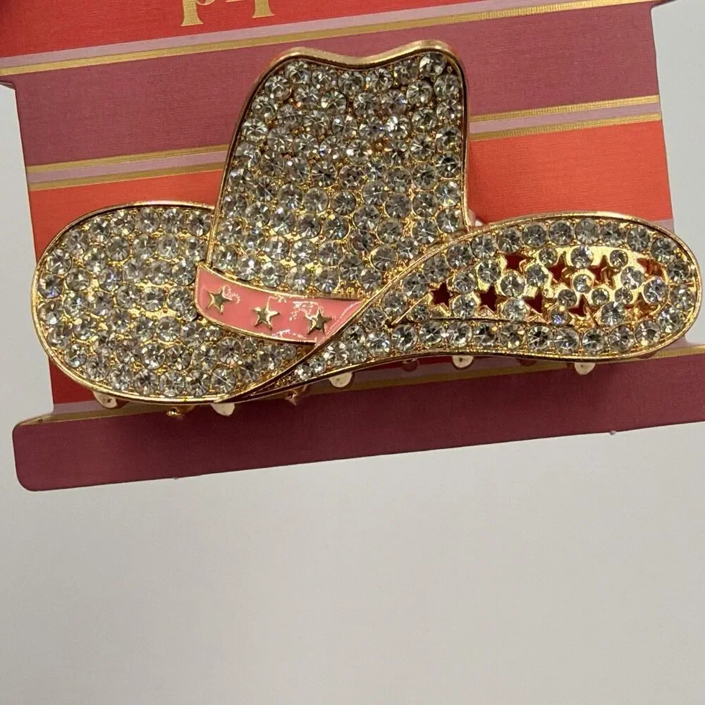 Piper K Rhinestone Cowgirl Hat Hair Claw Clip Western Rodeo Bling Pink Gold